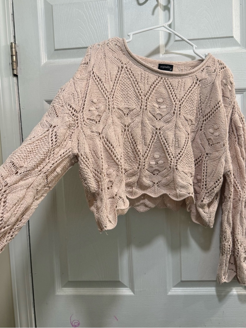 Originality Women’s Beige Open Knit Cropped Crewneck Pullover Sweater Size L